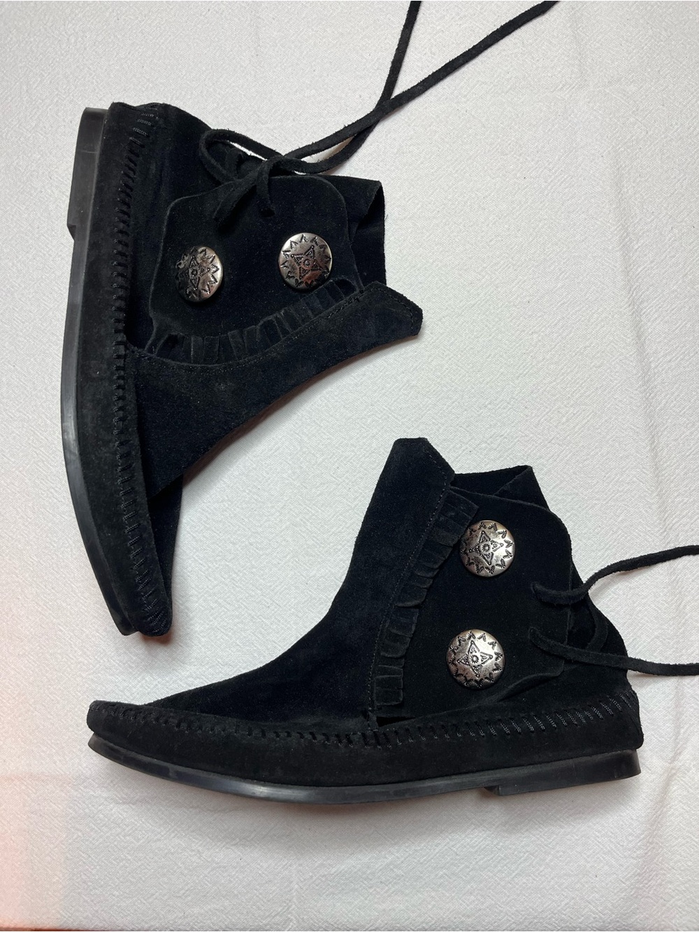Minnetonka Black Suede Fringe Ankle Boots with Concho Buttons